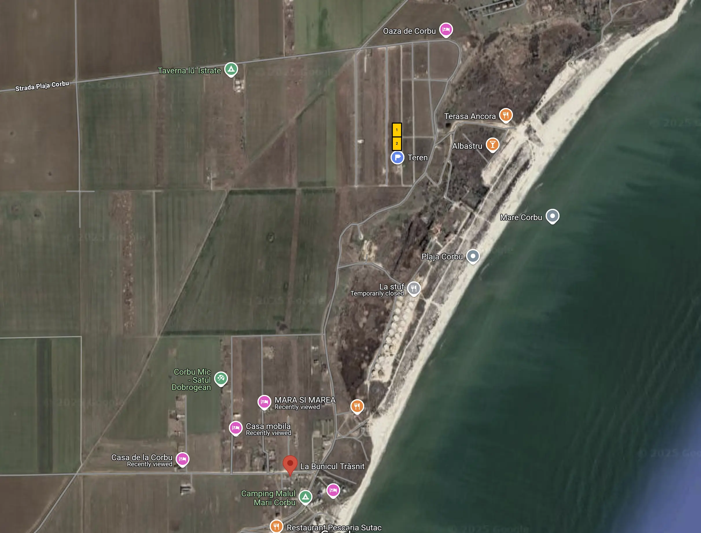 Hartă aeriană arătând locația exactă a celor două parcele în Corbu, aproape de plajă.