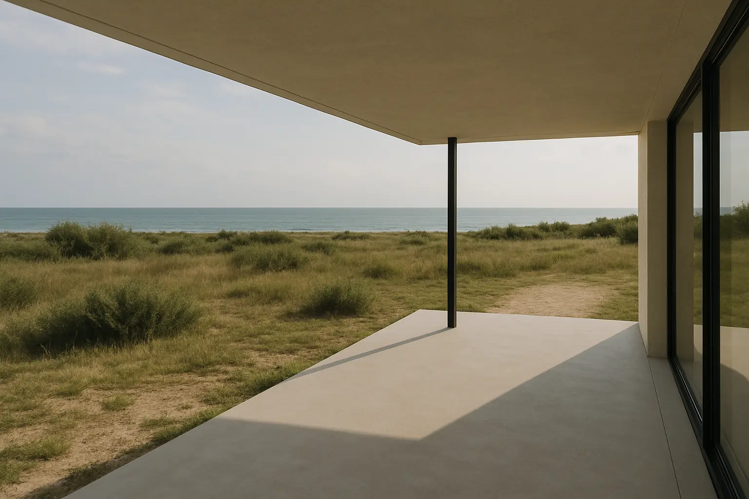 Interior minimalist al casei de vacanță, cu fereastră mare ce încadrează vederea spre plajă.